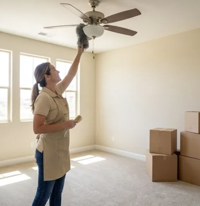Caring Moms cleaner dusting ceiling fan during move-out cleaning in Porter Ranch bedroom
