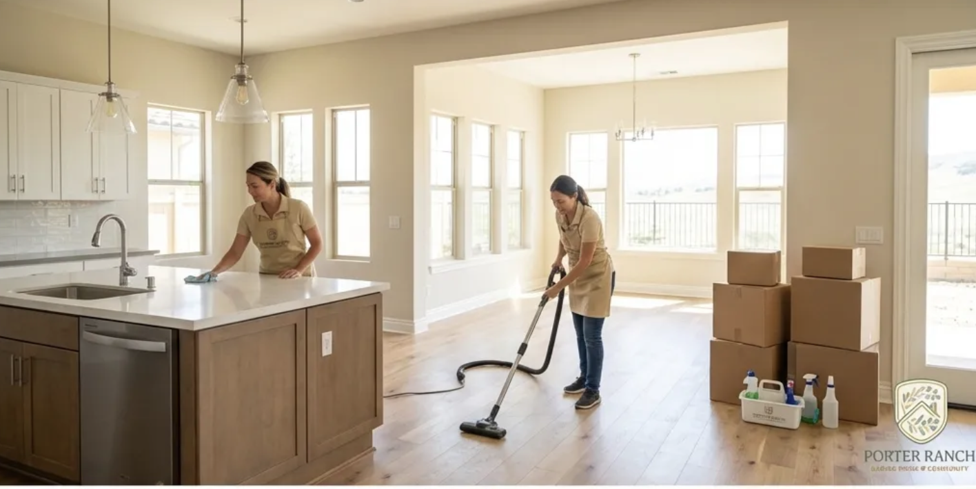 Caring Moms cleaners performing move-out cleaning in Porter Ranch kitchen and living room